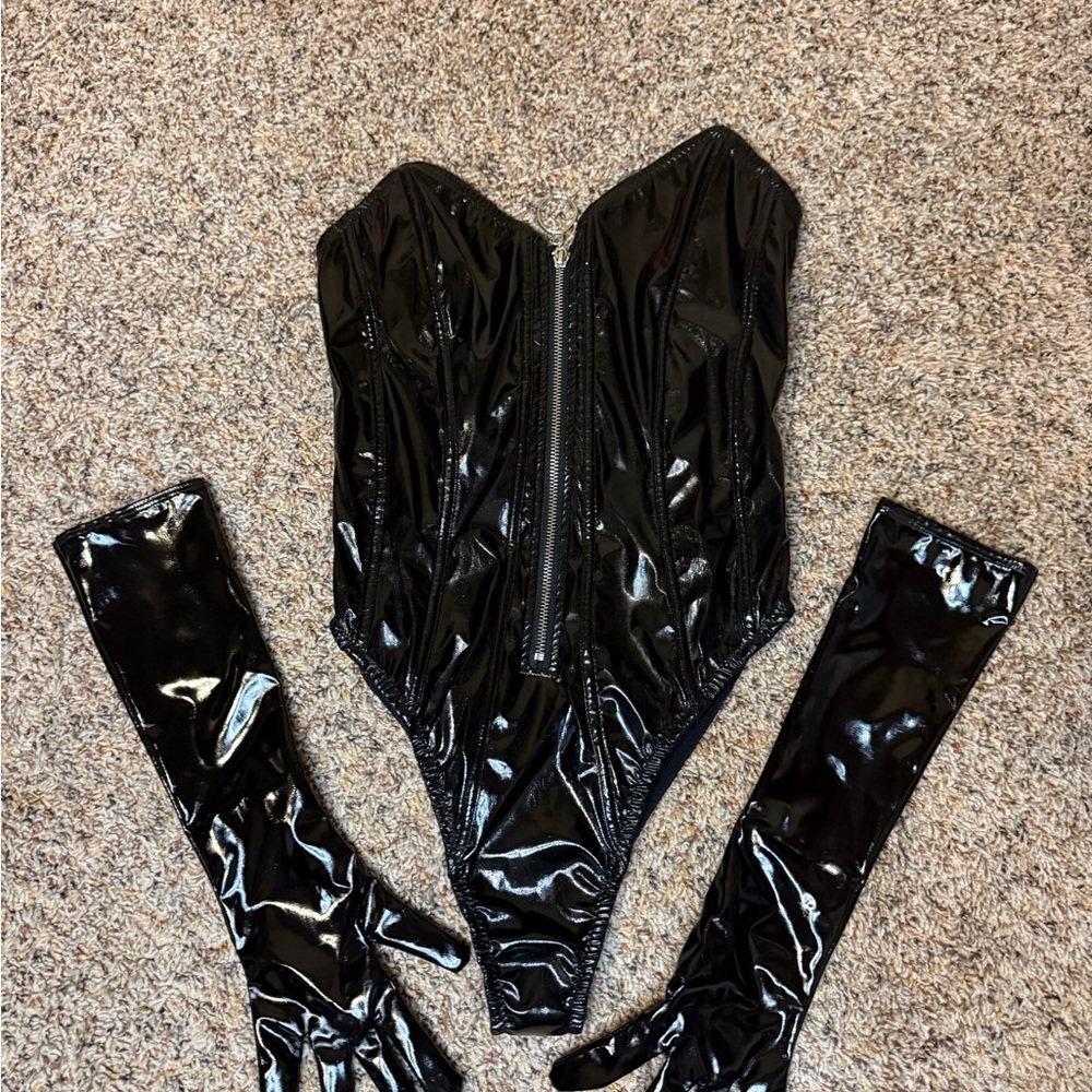 Hustler Hollywood Shiny Black Bodysuit Gloves corset bunny cop Halloween costume
